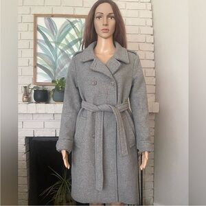 Moussy wool coat Small gray double breasted belted long line